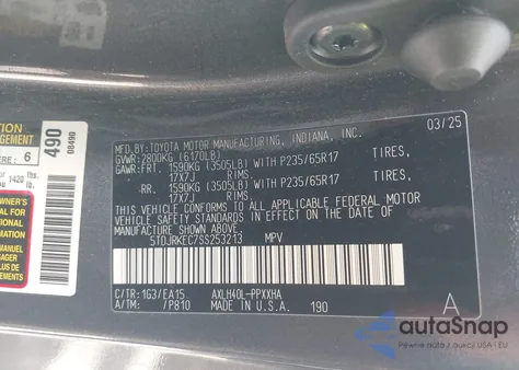 2025 Toyota Sienna Xle/Xle 8 Passenger из США, поврежденный, VIN 5TDJRKEC7SS253213